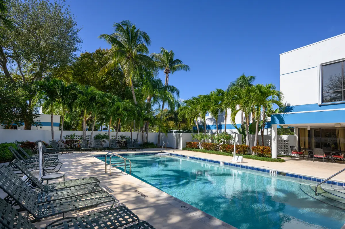 Outdoor pool surrounded by palm trees