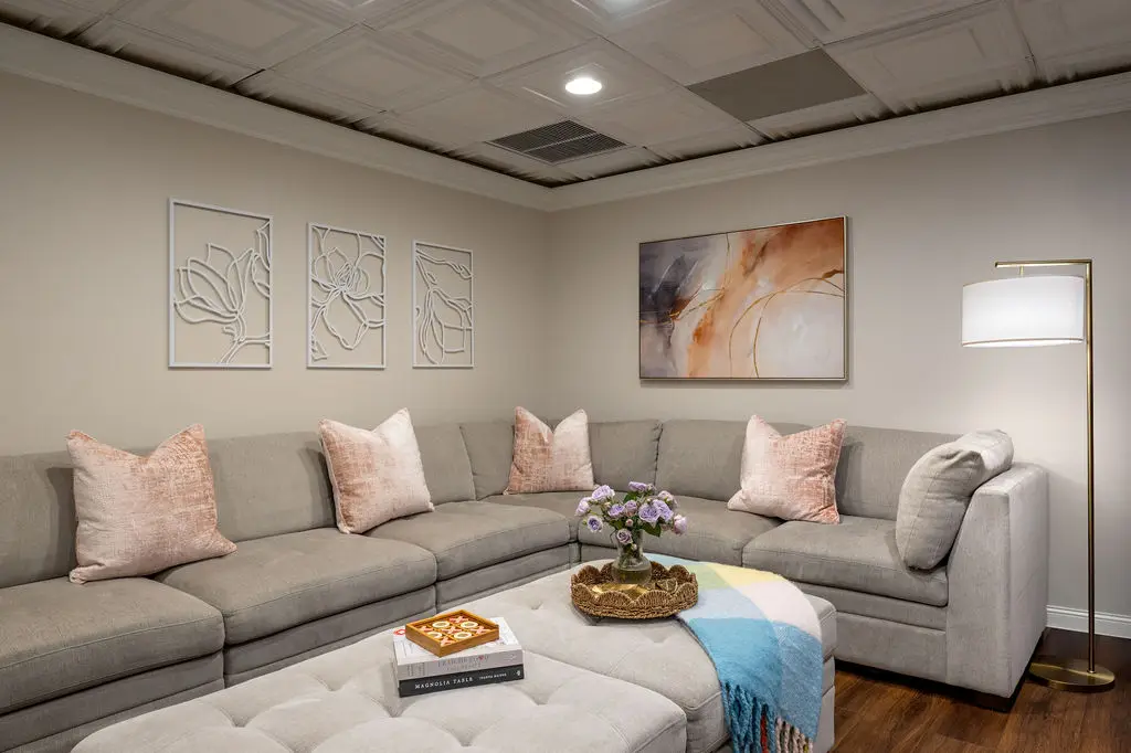 Group room in the Center for Women’s Recovery, with a sectional sofa